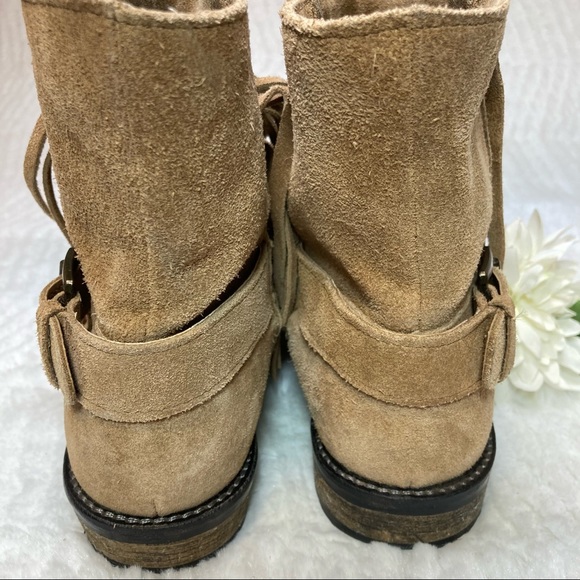 Divided H&M Fringed Ankle Bootie Buckle Genuine Leather Light Brown - Picture 4 of 8